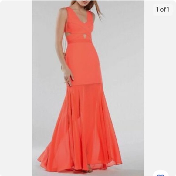 Sz 8 BCBGMaxAzria Joy Cutout Gown Dress in Ambrosia (Coral) with Chiffon Skirt - Picture 1 of 12